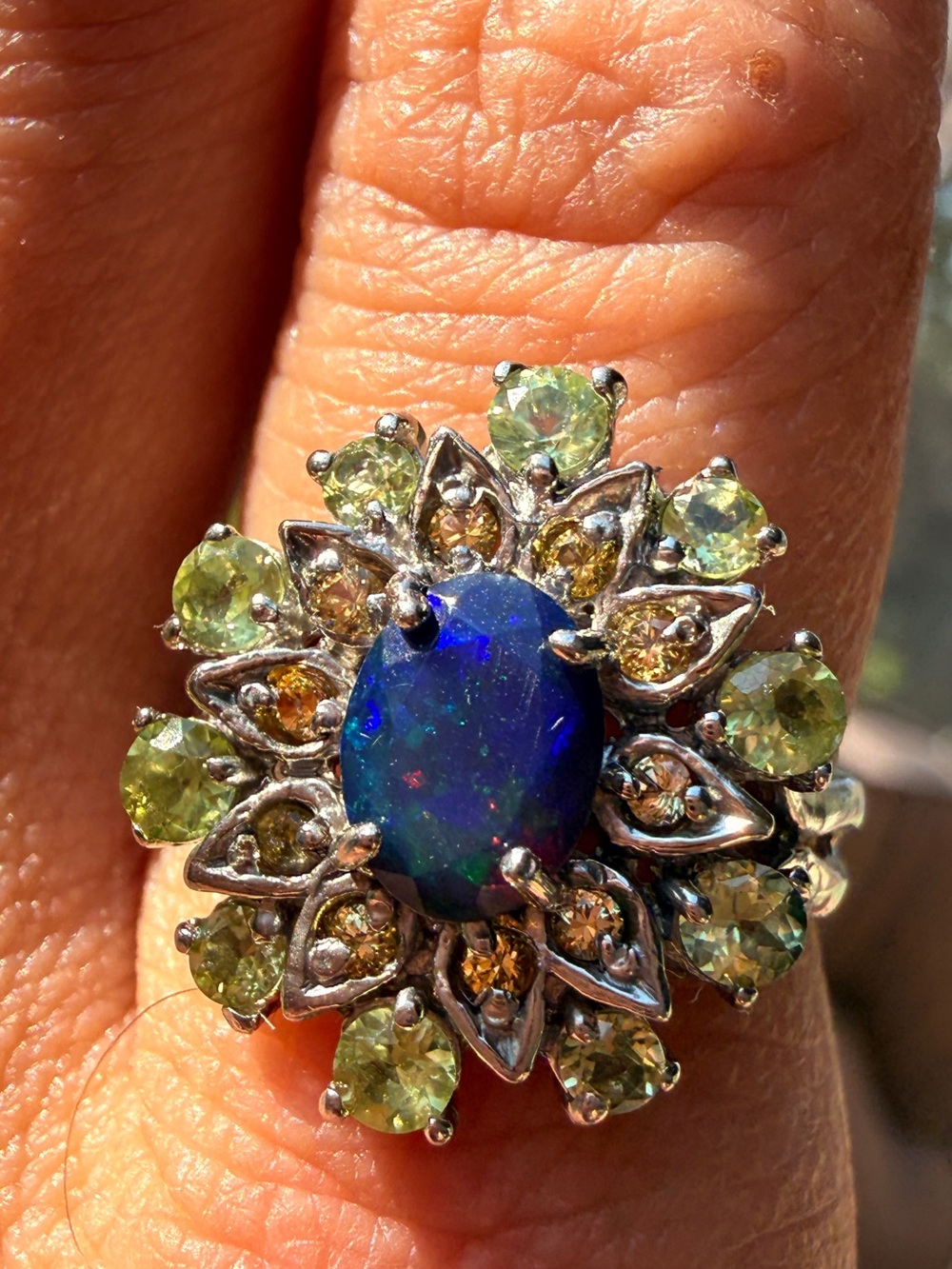 New 925 Sterling Silver Black Opal citrine& Green Peridot Floral Cocktail Ring 8